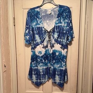 Seventh Avenue Blue Tie-Dye Lace-Up Blouse with Beautiful Beads